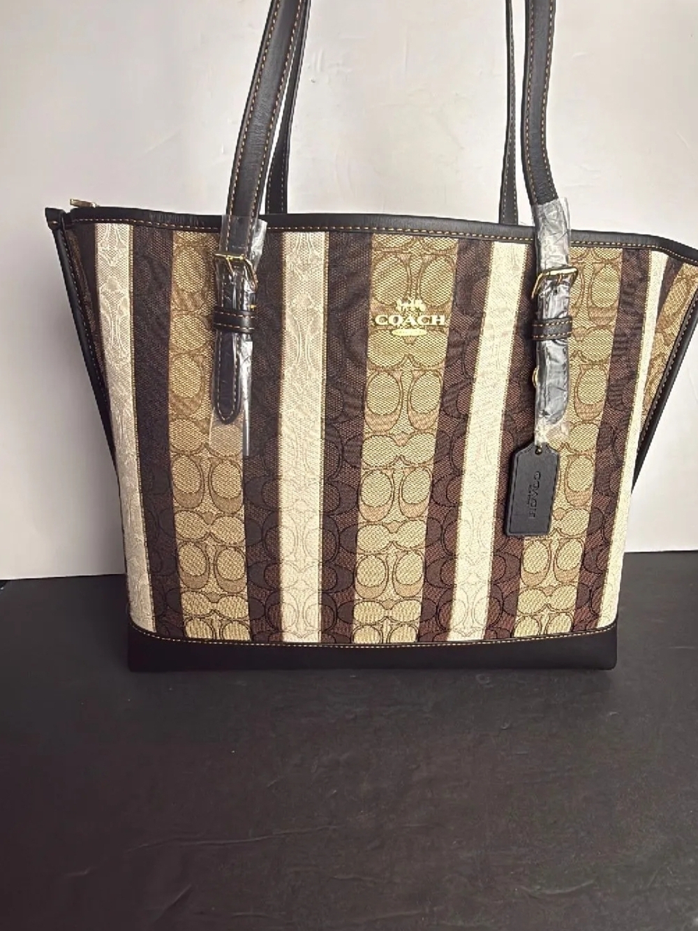 New COACH Mollie Stripe Signature Tote Bag in Brown/Cream With Like New Wallet